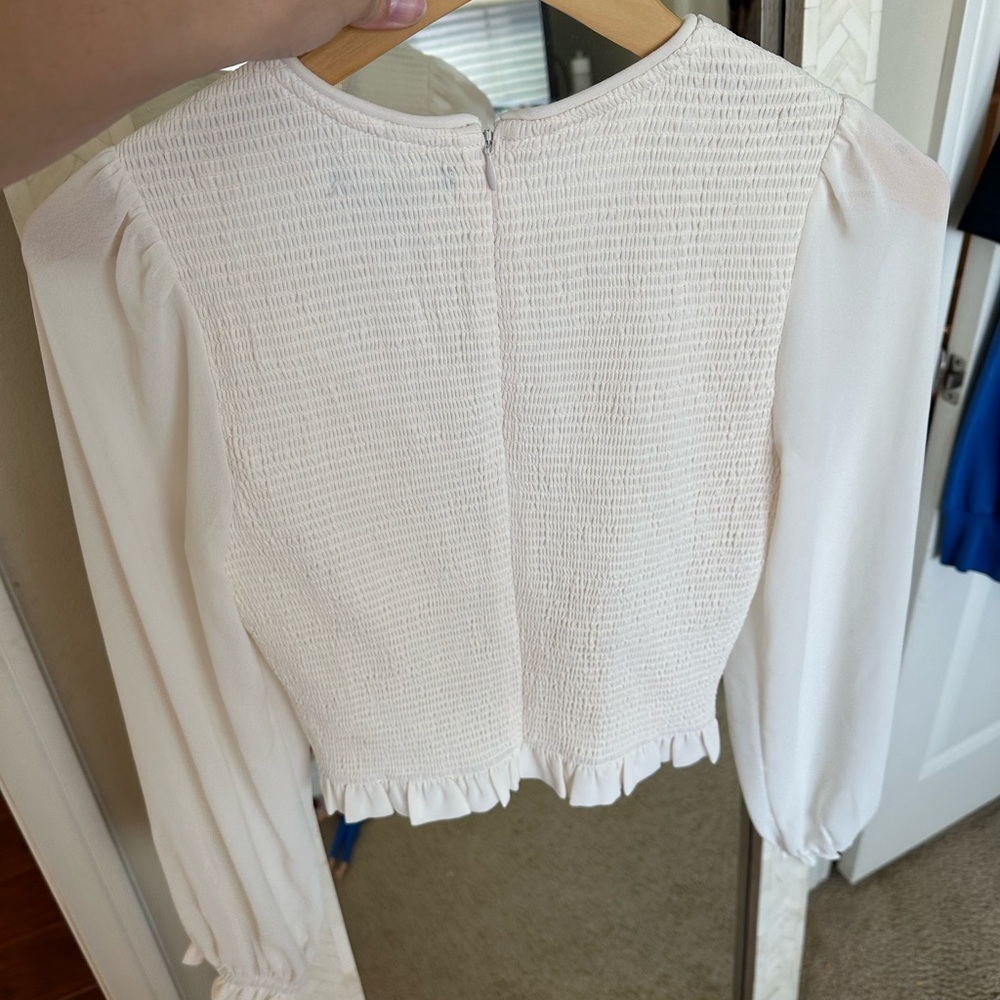 Quince Chiffon Cropped Smocked Cream Textured Blouse with Long Sleeves - Picture 3 of 8
